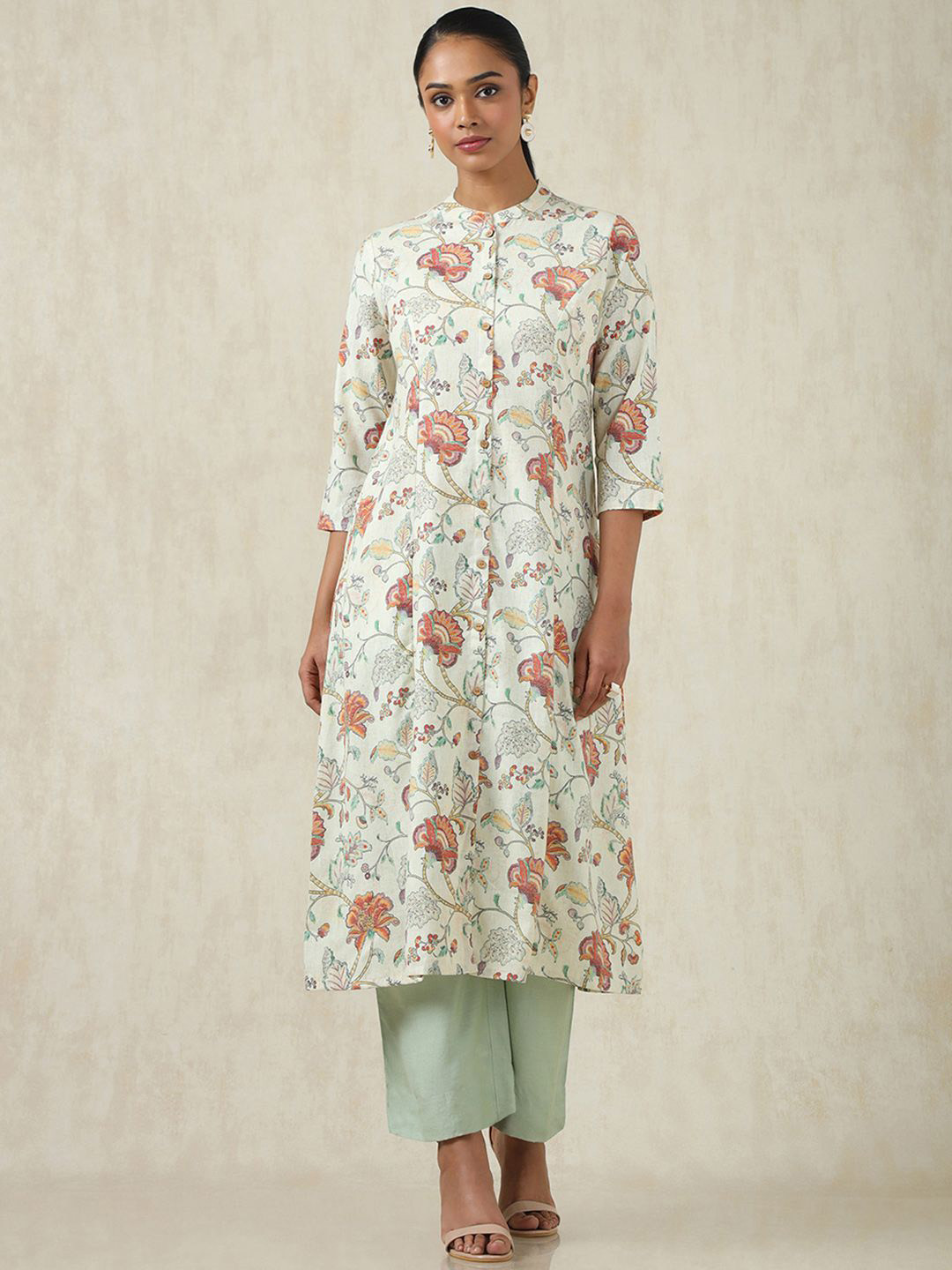 

Soch Floral Printed Mandarin Collar Linen A-Line Kurta, Beige