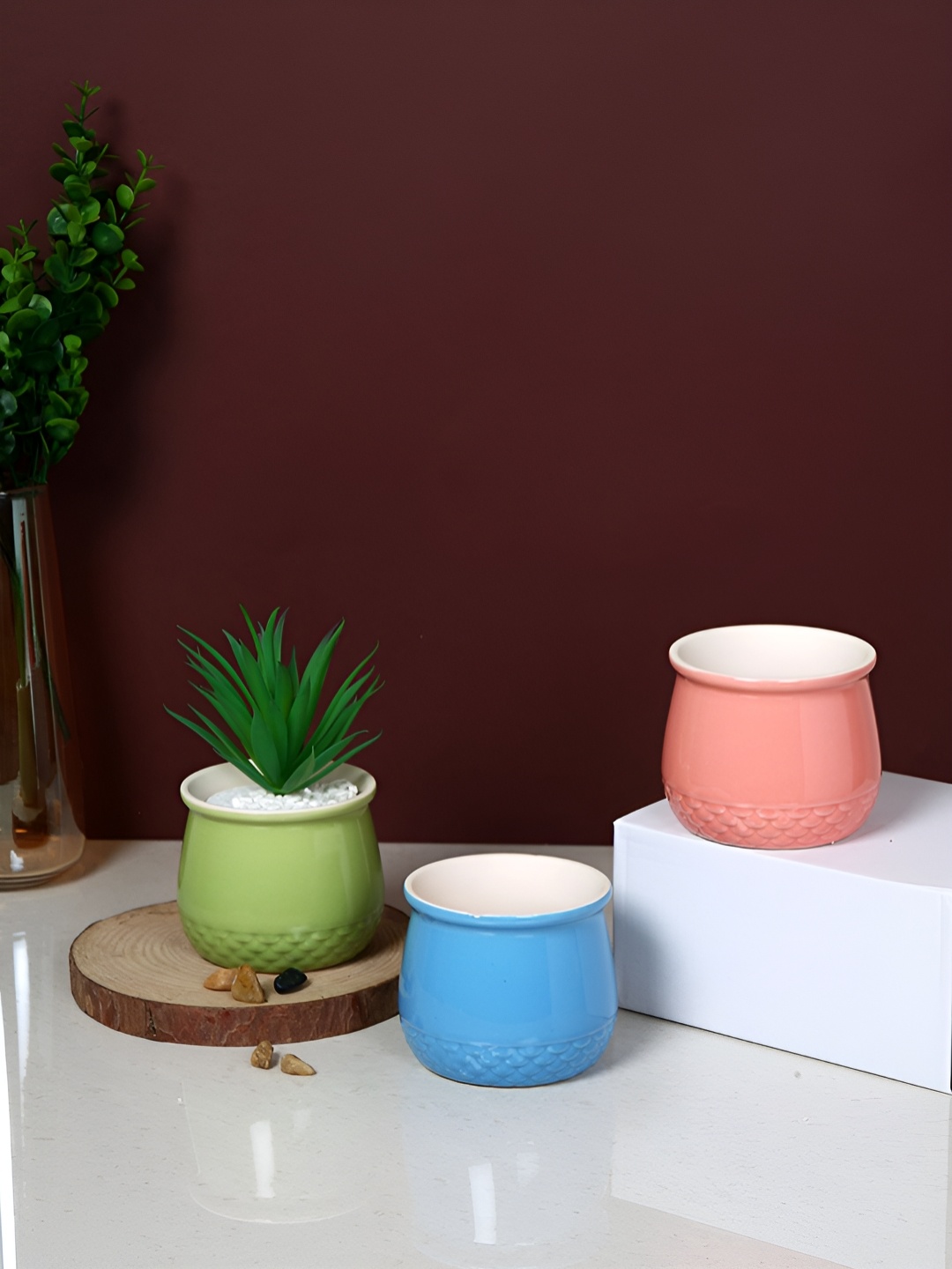 

TAYHAA Blue & Green 3 Pieces Textured Pastel Bliss Ceramic Planters