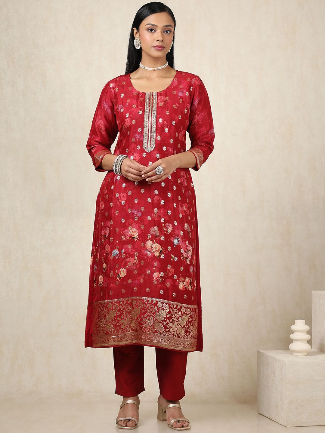 

Soch Floral Woven Design Zari Work Brocade Kurta With Trousers & Dupatta, Red