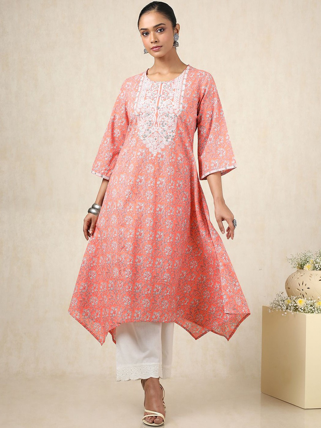 

Soch Floral Printed Round Neck Mirror Work Cotton Dobby A-Line Kurta With Trousers, Peach
