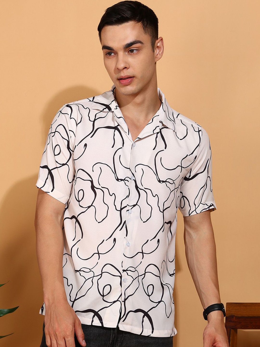 

SZN Men Standard Slim Fit Cuban Collar Abstract Printed Casual Shirt, White