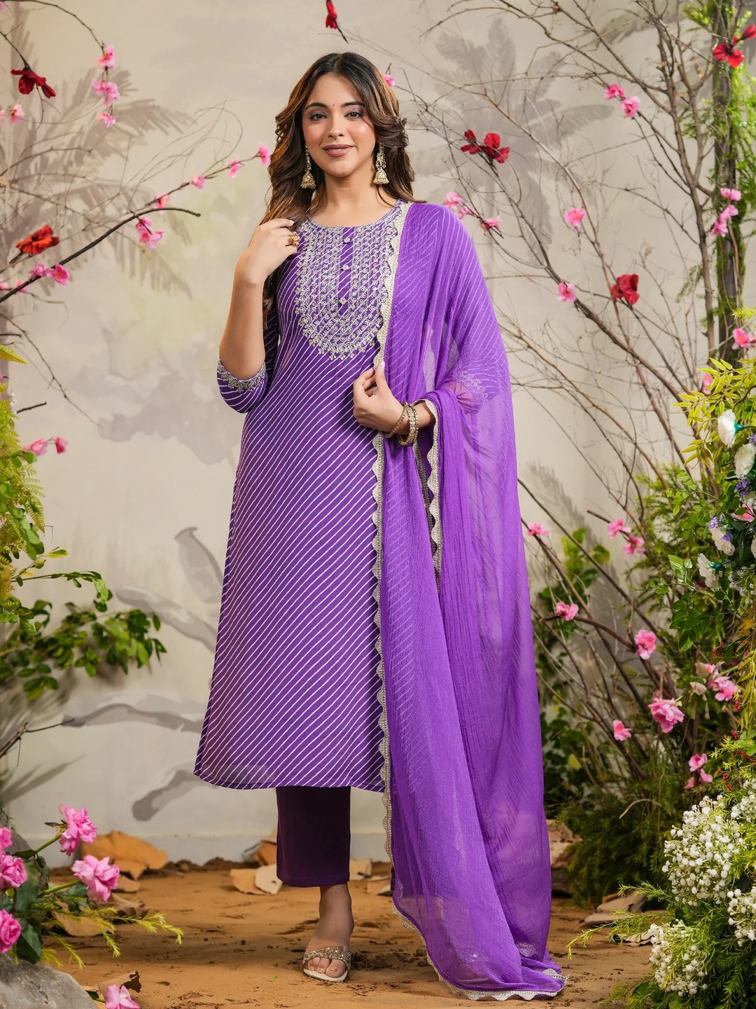 

Bought First Women Leheriya Embroidered Regular Thread Work Kurti with Pyjamas & With Dupatta, Purple
