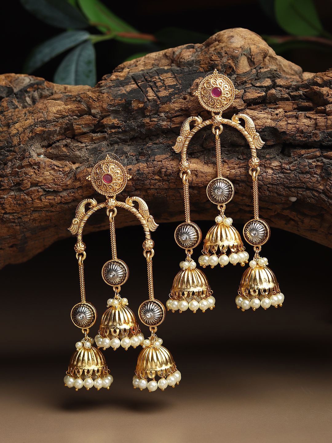 

RHOSYN Gold-Plated Artificial Stones Studded & Beaded Dome Shaped Jhumkas