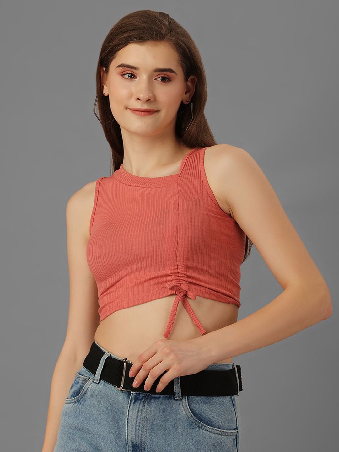 

SXV STYLE Women Ribbed Square Neck Lace Inserts Crop Top, Pink
