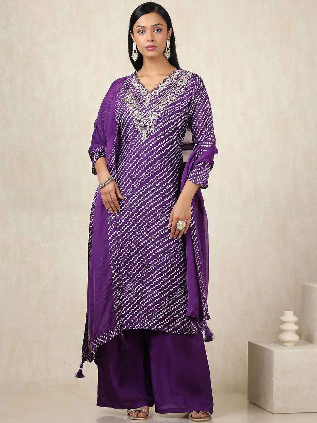 

Soch Bandhani Printed V-Neck Gotta Patti Straight Kurta With Palazzos And Dupatta, Purple