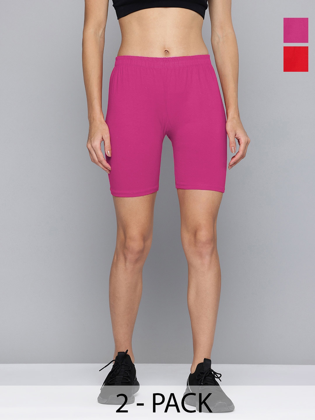 

Jinfo Women Pack Of 2 Skinny Fit Cycling Sports Shorts, Red