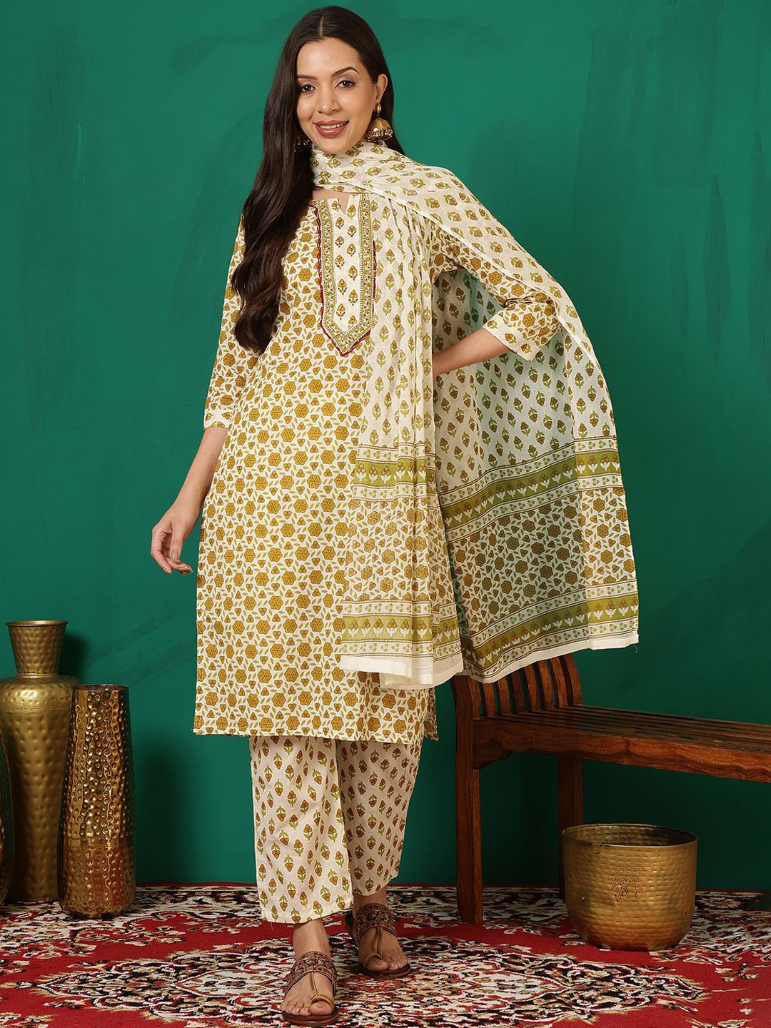 

Sangria Floral Printed Pure Cotton Straight Kurta With Trouser And Dupatta, Beige