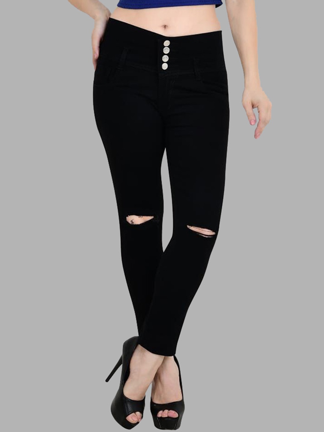 

LINARIA Women Classic Slim Fit Slash Knee Jeans, Black