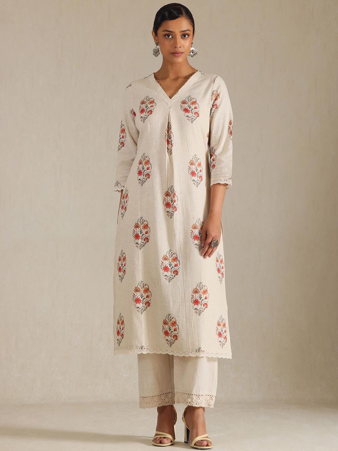 

Soch Floral Printed V Neck Beads Linen Straight Kurta, Beige