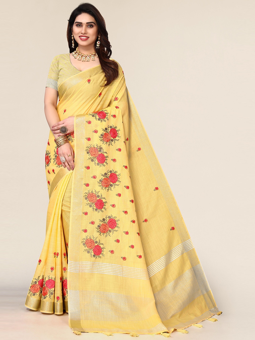 

VIRENDRA TEXTILES Floral Embroidered Woven Design Zari Pure Cotton Saree, Yellow