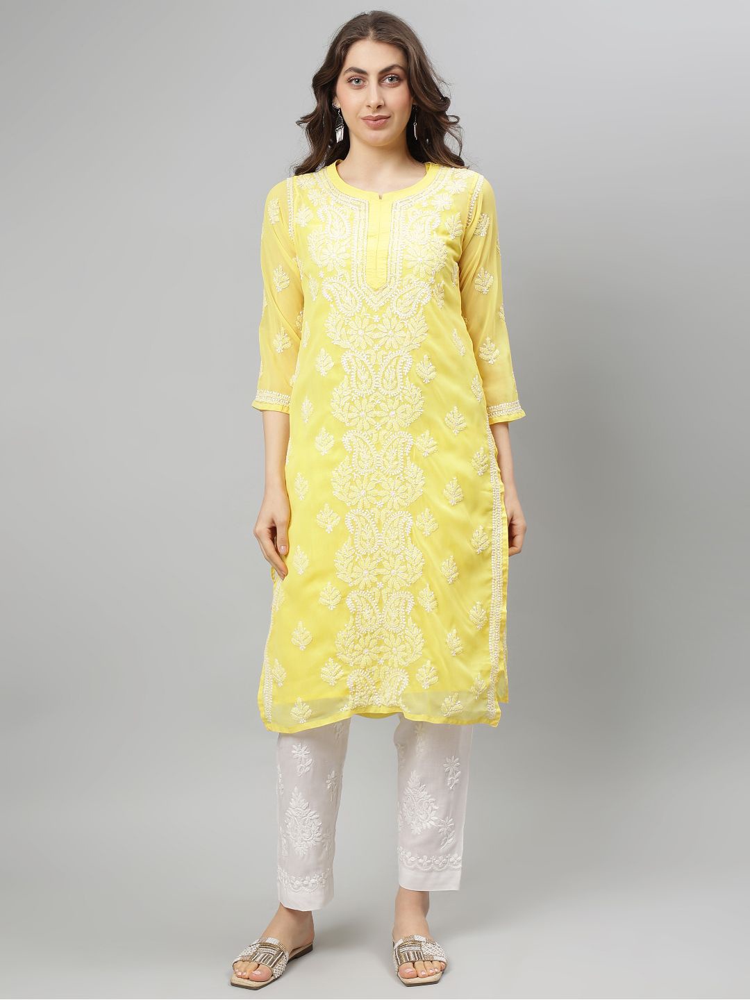 

Seva Chikan Floral Embroidered Lucknowi Chikankari Georgette Straight Kurta, Yellow