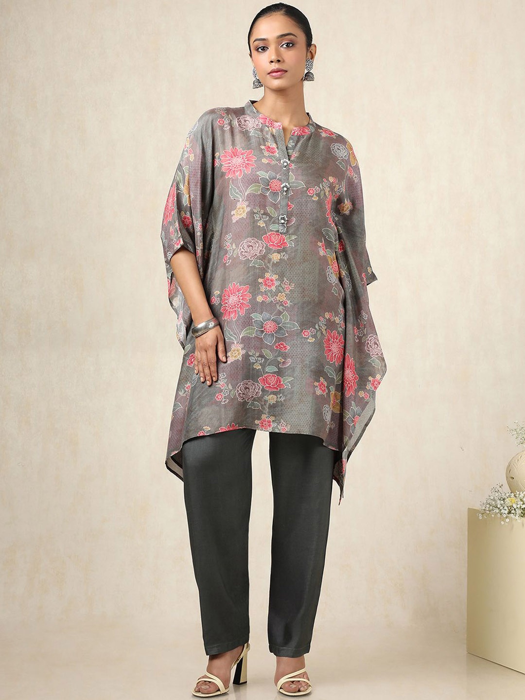 

Soch Floral Printed Mandarin Collar Kaftan Pure Cotton Kurti With Trousers, Brown