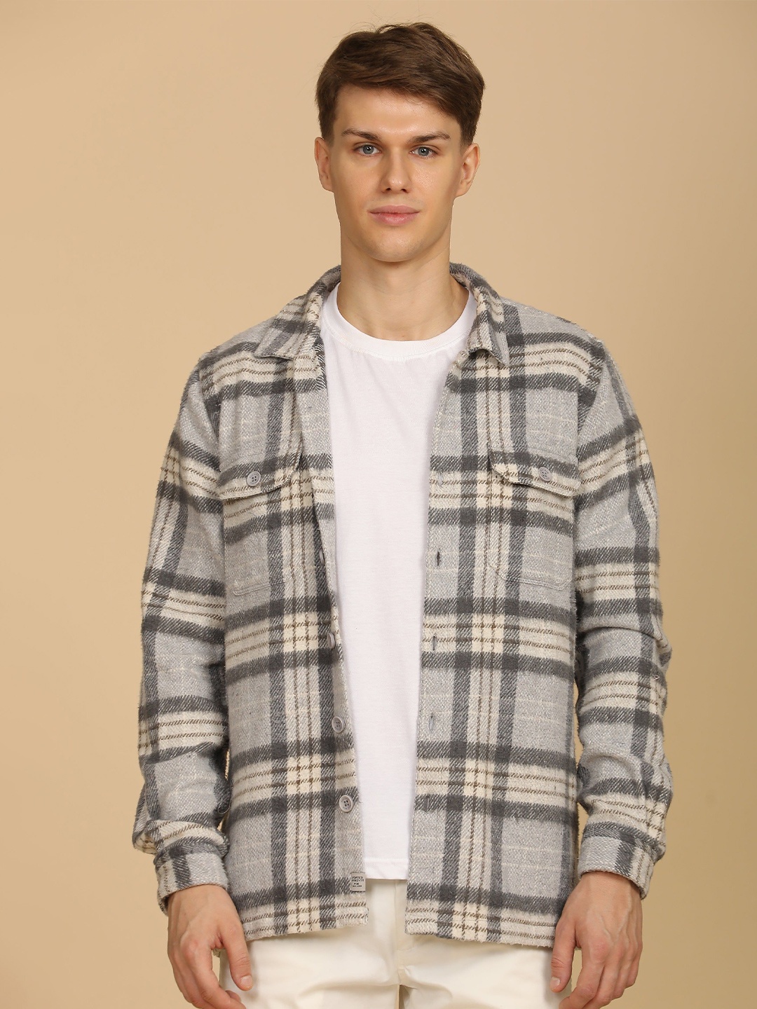 

POE Men Slim Fit Tartan Checks Opaque Checked Casual Shirt, Grey