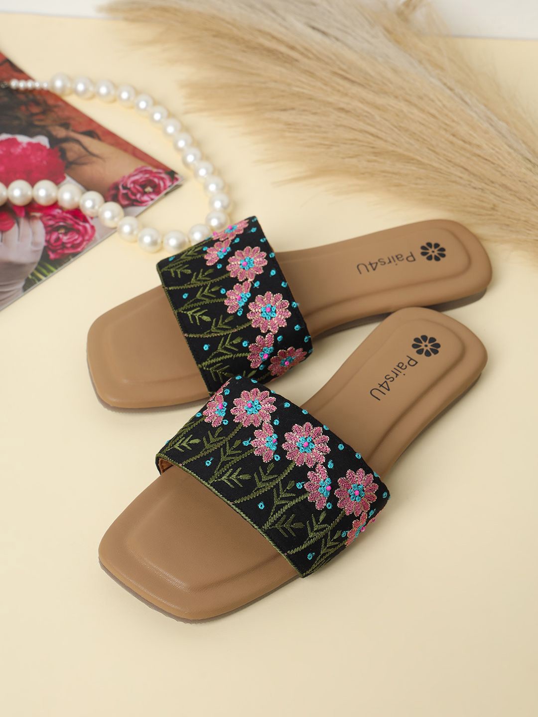 

Pairs4U Women Embroidered Open Toe Flats, Black