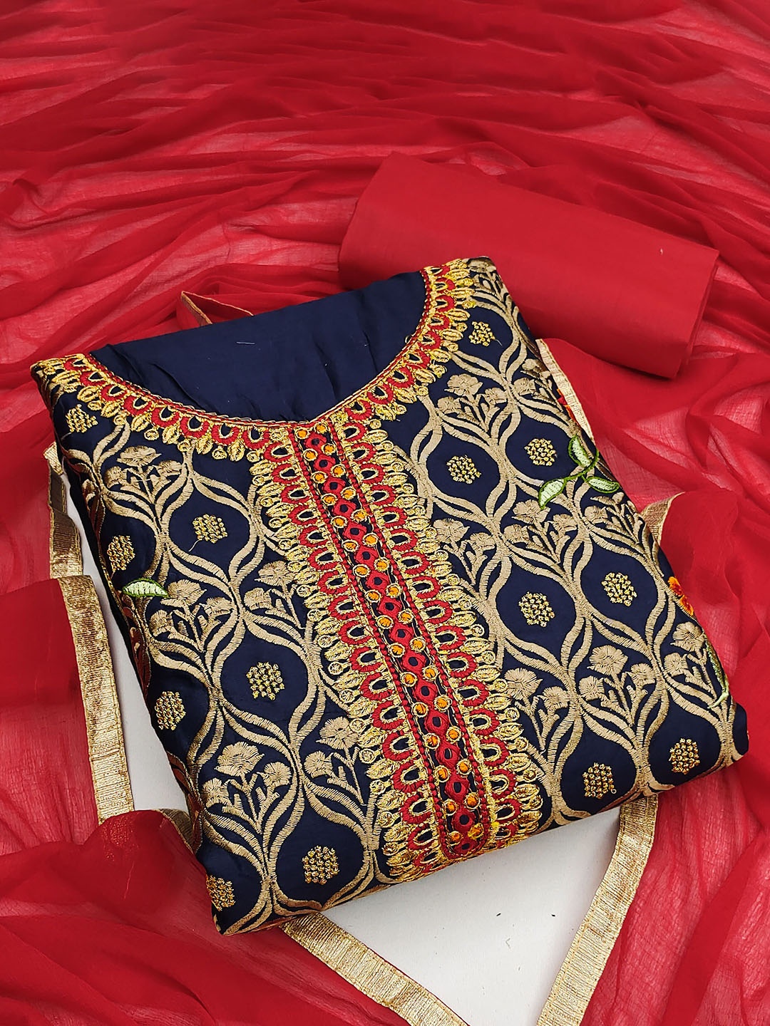 

HERE&NOW Floral Embroidered Glaze Cotton Unstitched Dress Material, Blue