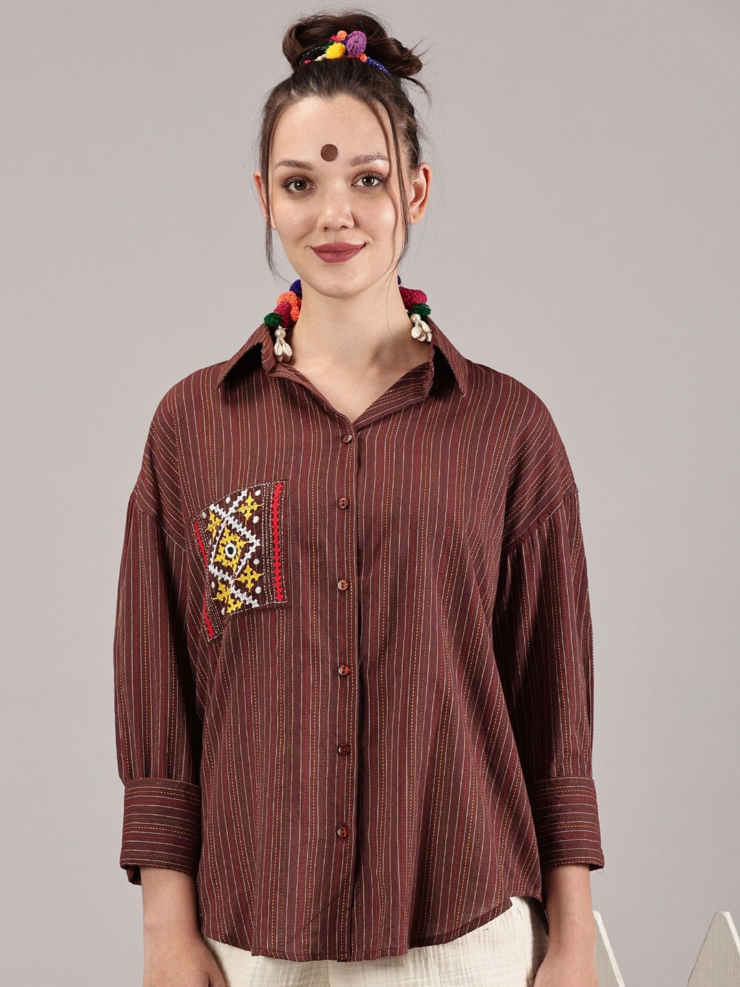 

KAPASRITI Women Relaxed Oversized Fit Spread Collar Vertical Striped Cotton Casual Shirt, Maroon