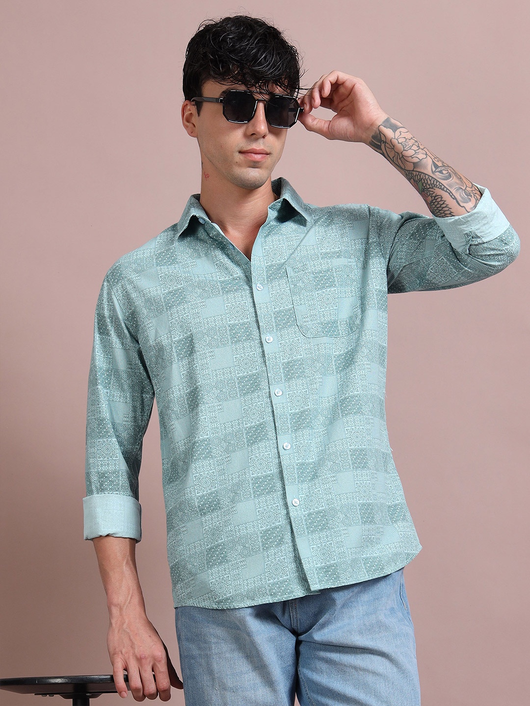 

RIGS AND RAGS Men Classic Fit Spread Collar Ethnic Motifs Printed Cotton Casual Shirt, Sea green