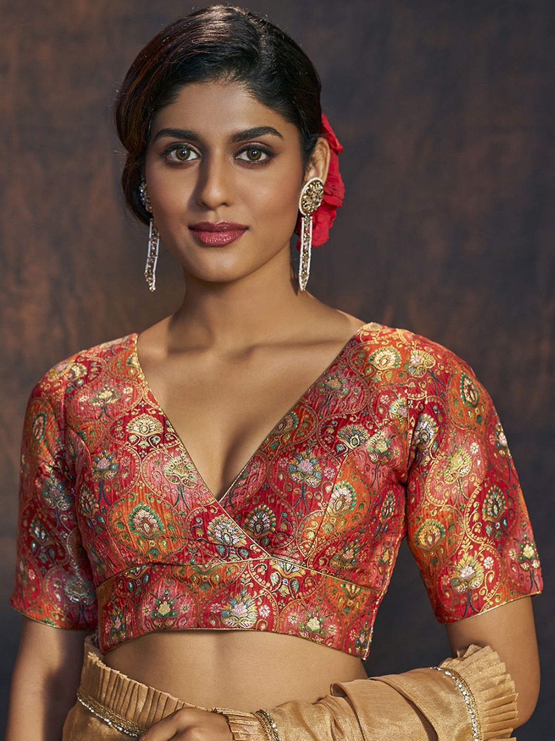 

SALWAR STUDIO Woven Designed Brocade V Neck Padded Saree Blouse, Red