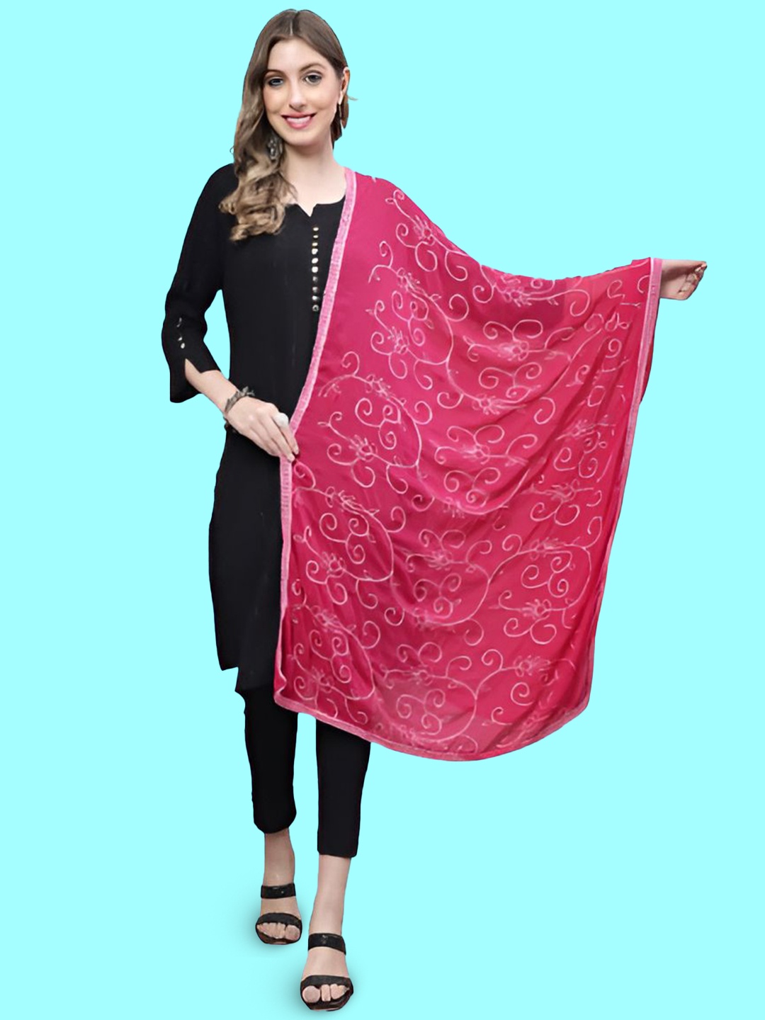 

LOOM LEGACY Floral Embroidered Chiffon Dupatta, Magenta