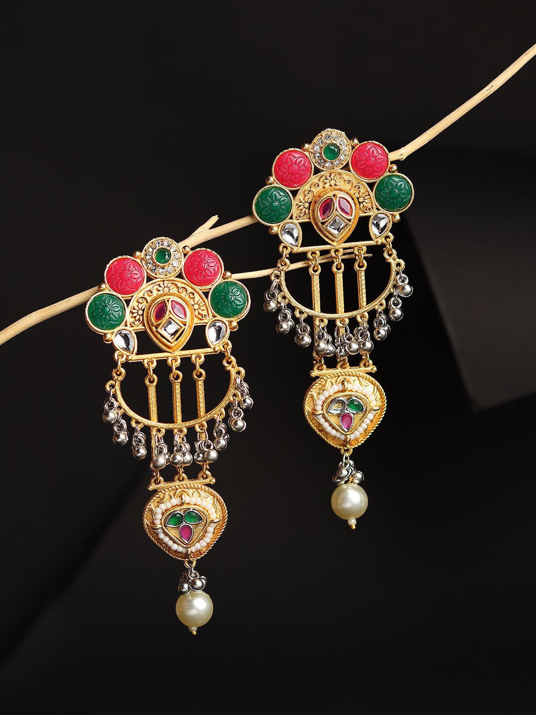 

RHOSYN Gold-Plated Artificial Stones Studded & Beaded Contemporary Drop Earrings