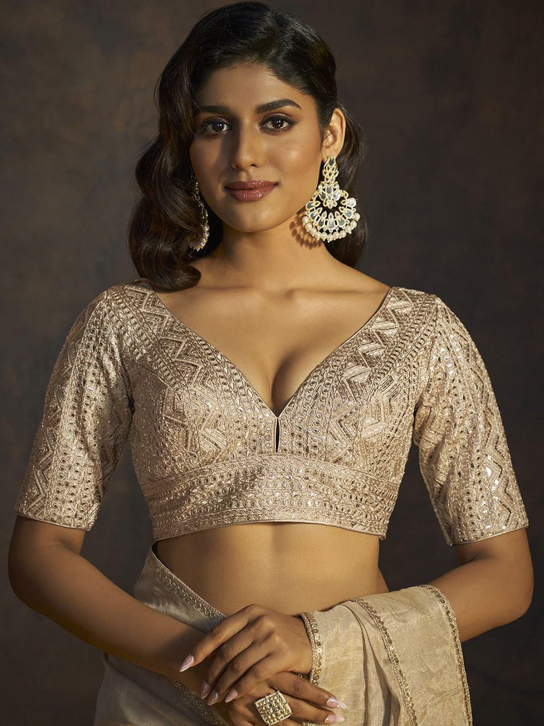 

SALWAR STUDIO Women Embroidered V-Neck Padded Saree Blouse, Beige