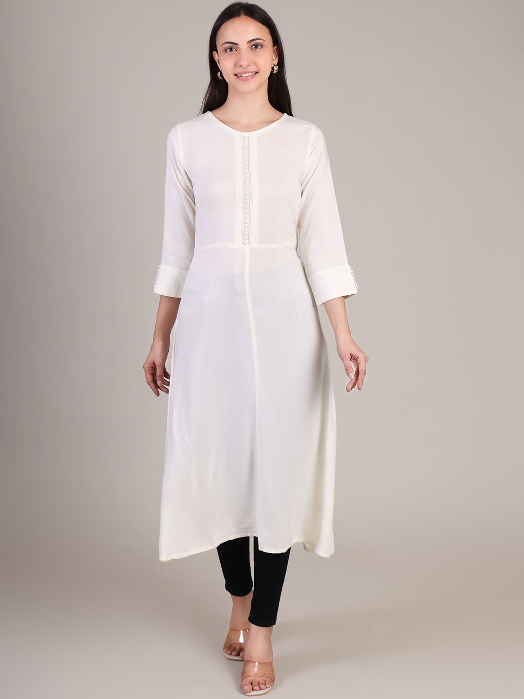 

DELIS Self Design Round Neck A-Line Kurta, White
