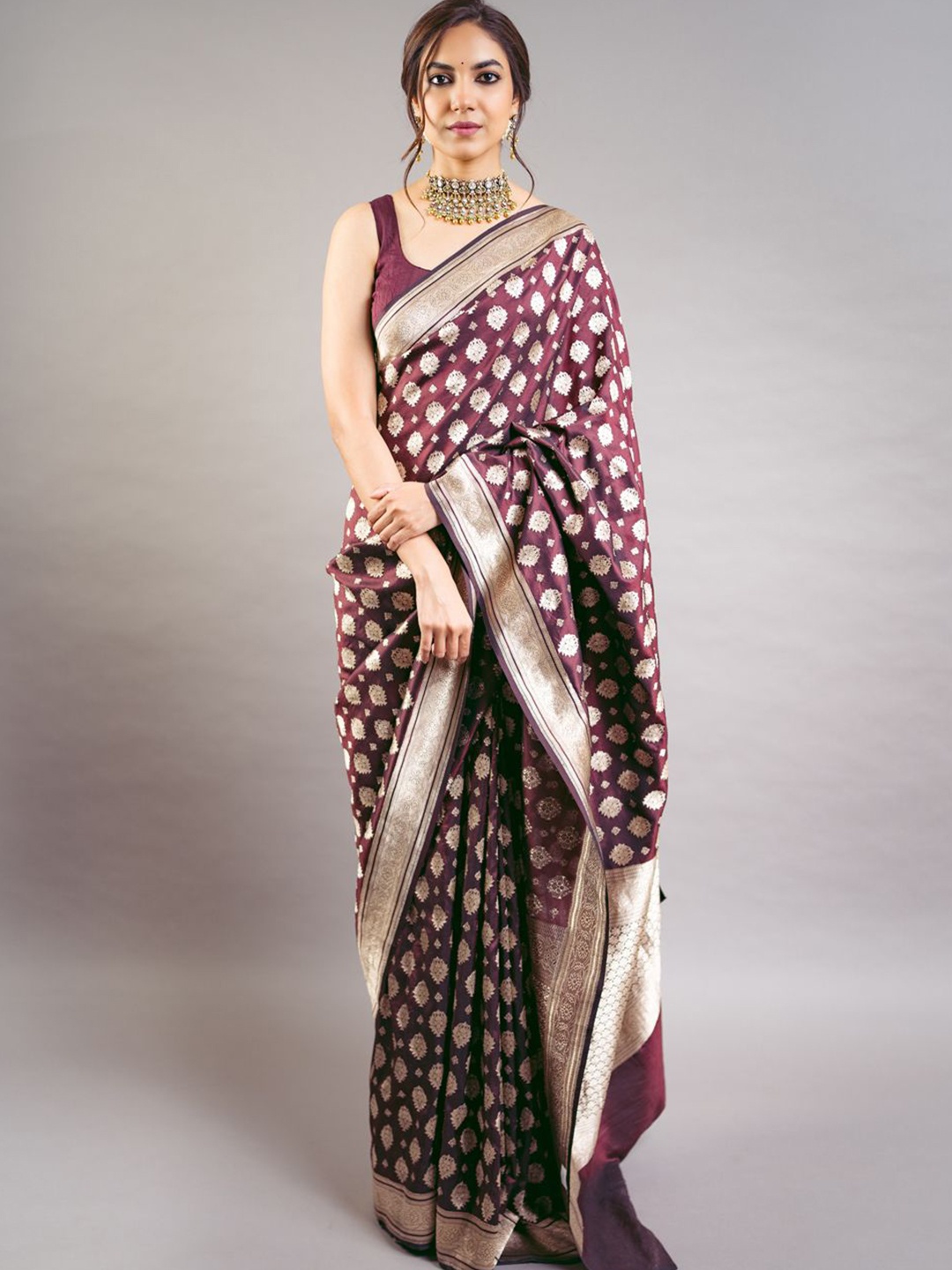 

yourwish Ethnic Motifs Zari Pure Silk Designer Banarasi Saree, Brown
