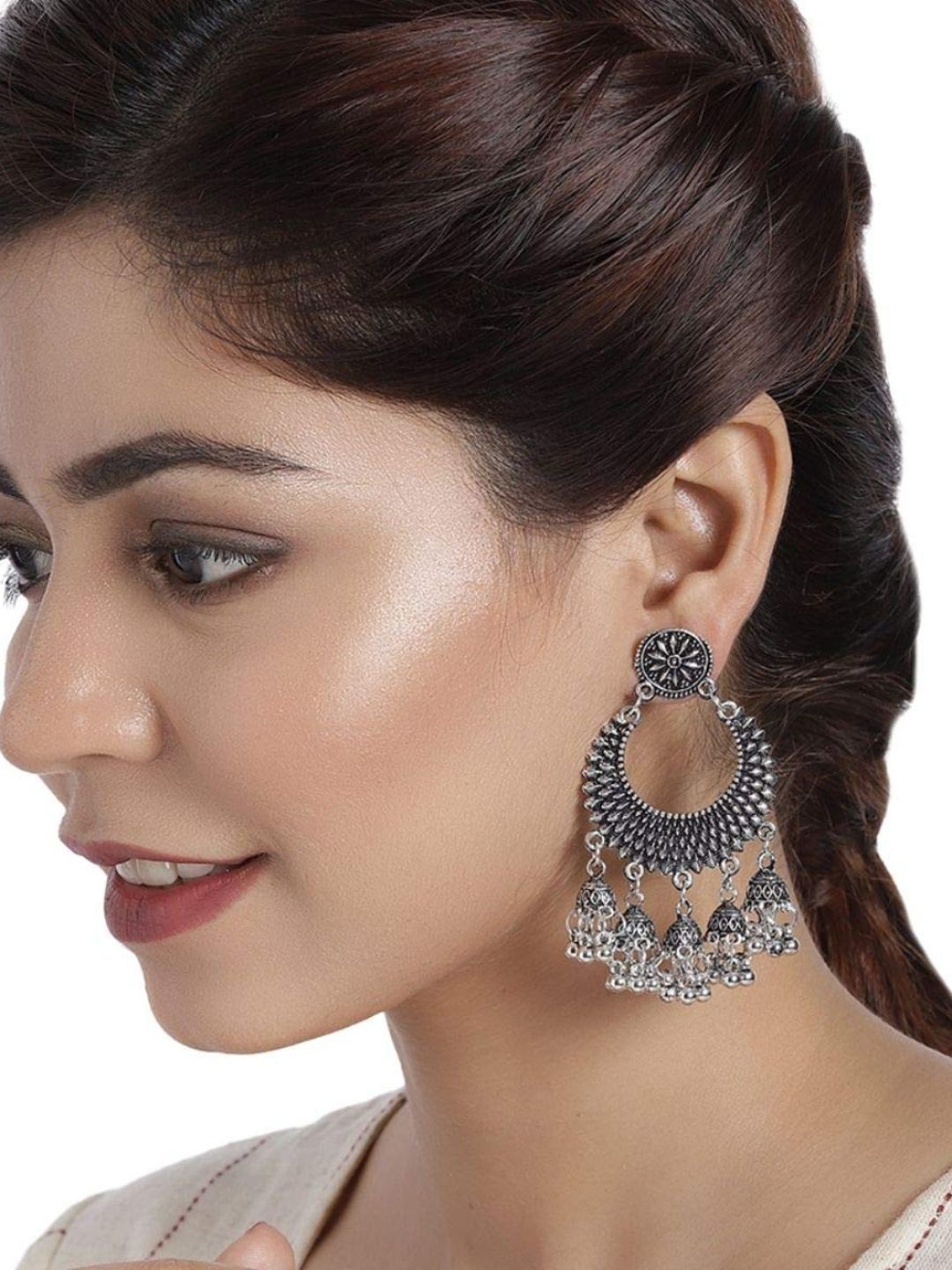 

Sangria Silver-Plated Oxidized Crescent Shaped Drop Earrings