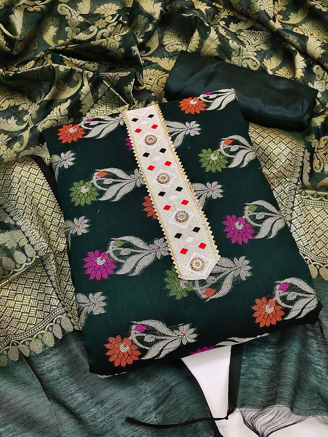 

HERE&NOW Floral Woven Design Unstitched Dress Material, Green