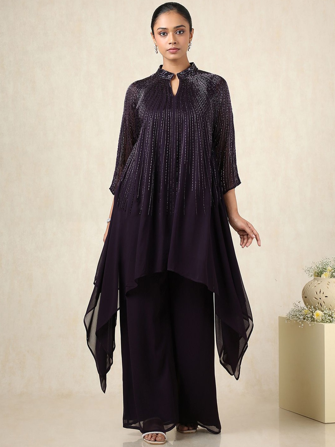 

Soch Mandarin Collar Beads And Stones A-Line Kurta With Palazzos, Purple
