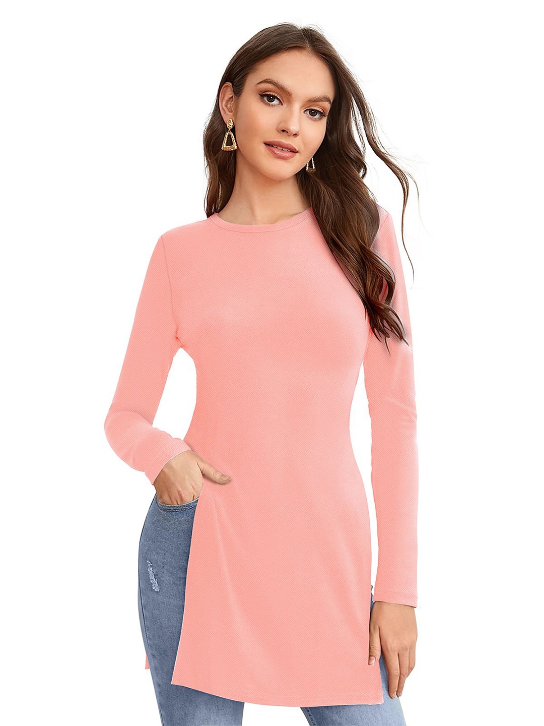 

S.K.C Women Round Neck Long Sleeves Fitted Top, Peach