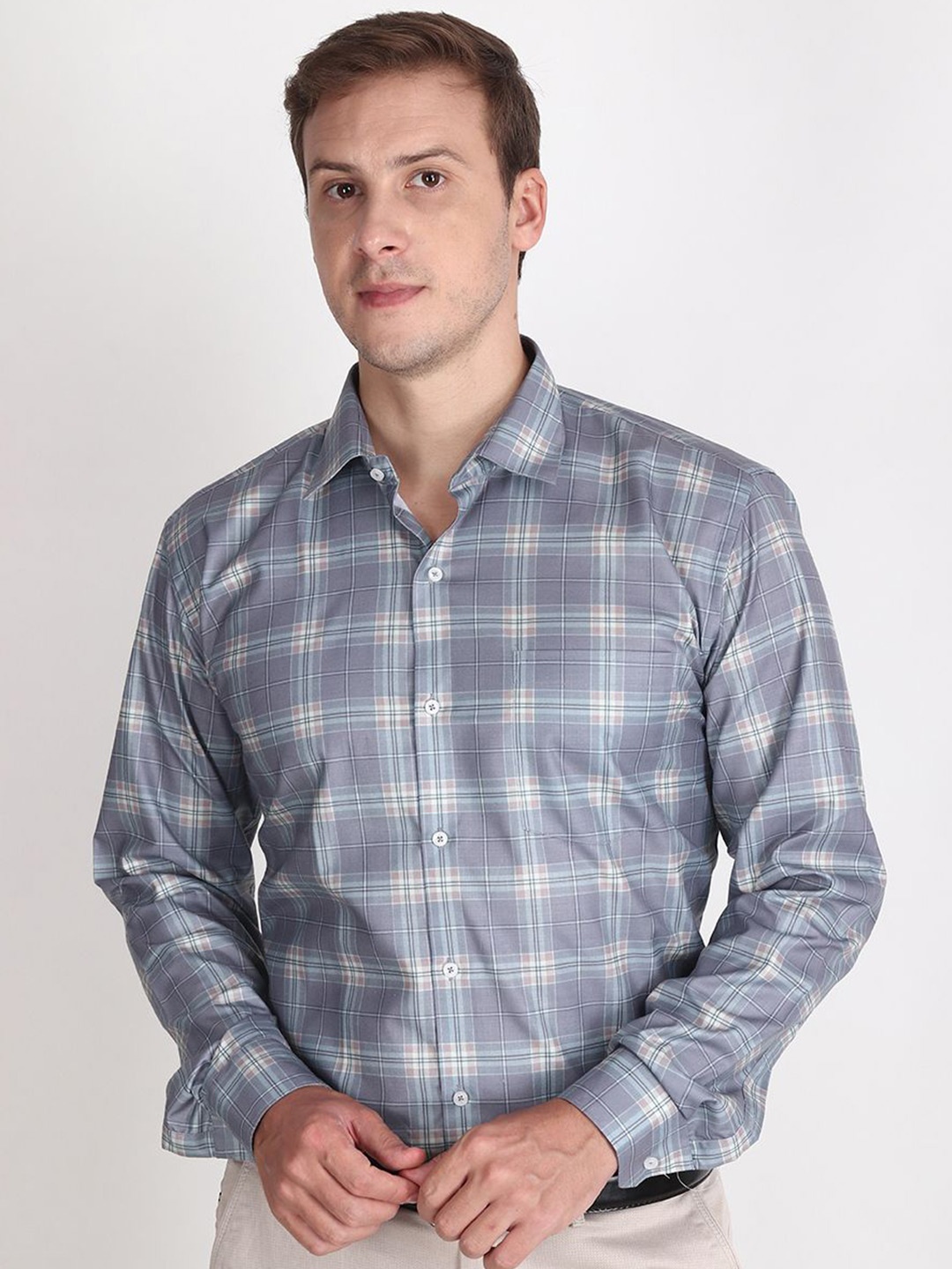 

APPEL TOUCH Men Comfort Regular Fit Spread Collar Tartan Checked Cotton Casual Shirt, Grey melange