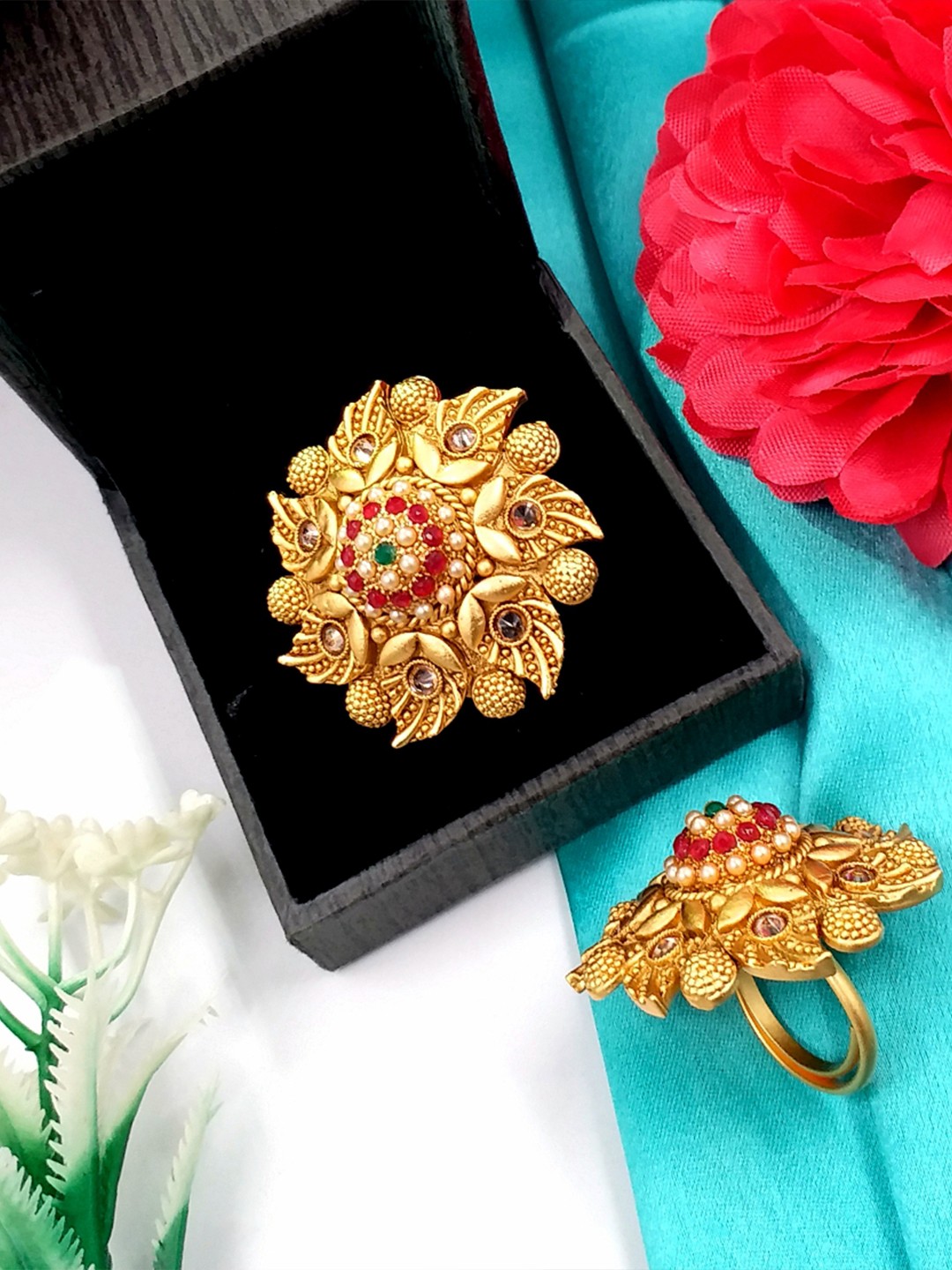 

JYONA Gold-Plated Artificial Stone-Studded Rajwadi Look Adjustable Finger Ring