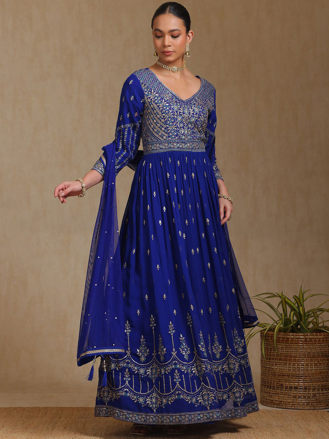 

Soch Floral Embroidered V Neck Zardozi Work Kurta With Churidar & Dupatta, Blue