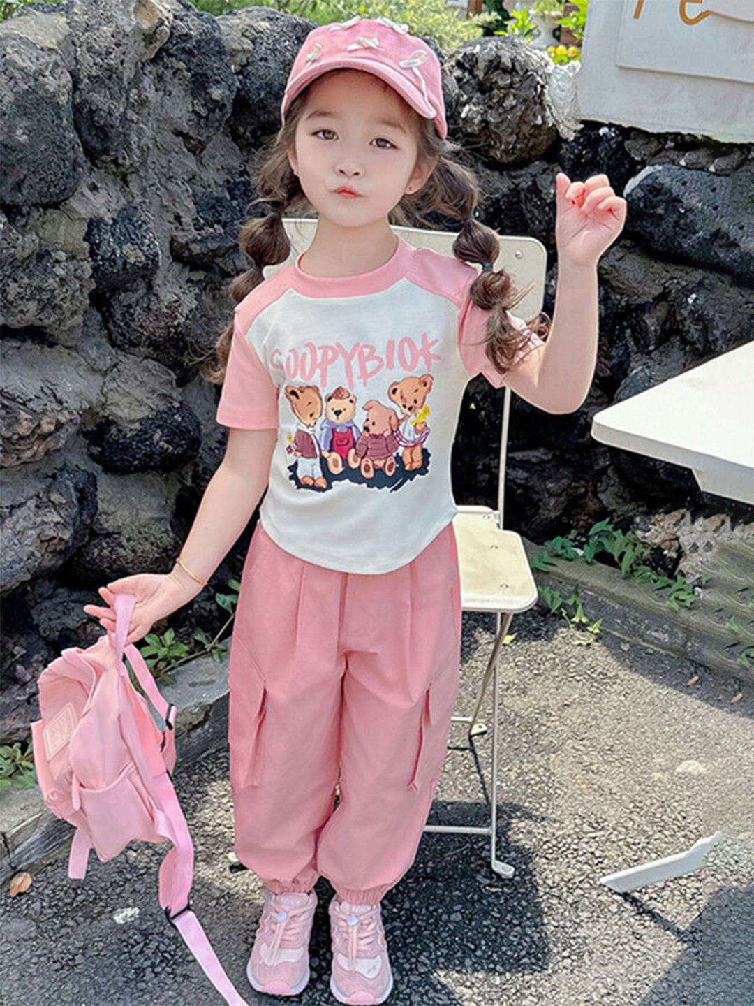 

LULU & SKY Girls Printed Round Neck T-shirt with Cargo Pants, Pink