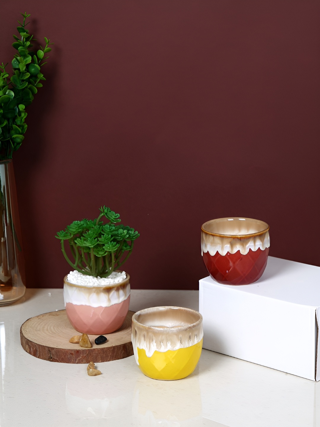 

TAYHAA Sunset Drizzle Yellow & Pink 3 Pieces Printed Ceramic Flower Planters