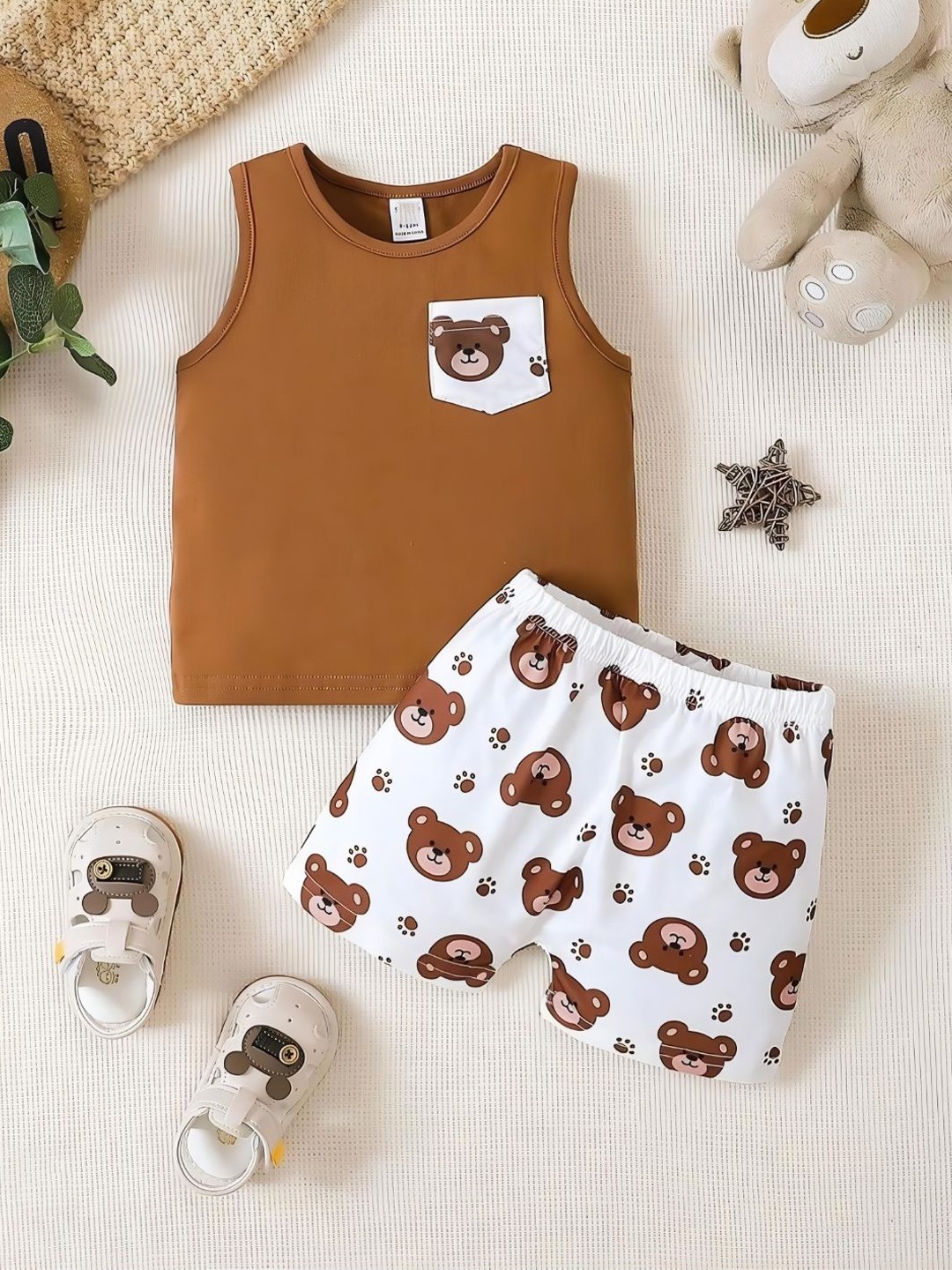 

BAESD Kids Printed Sleeveless Pure Cotton T-Shirt & Shorts, Brown