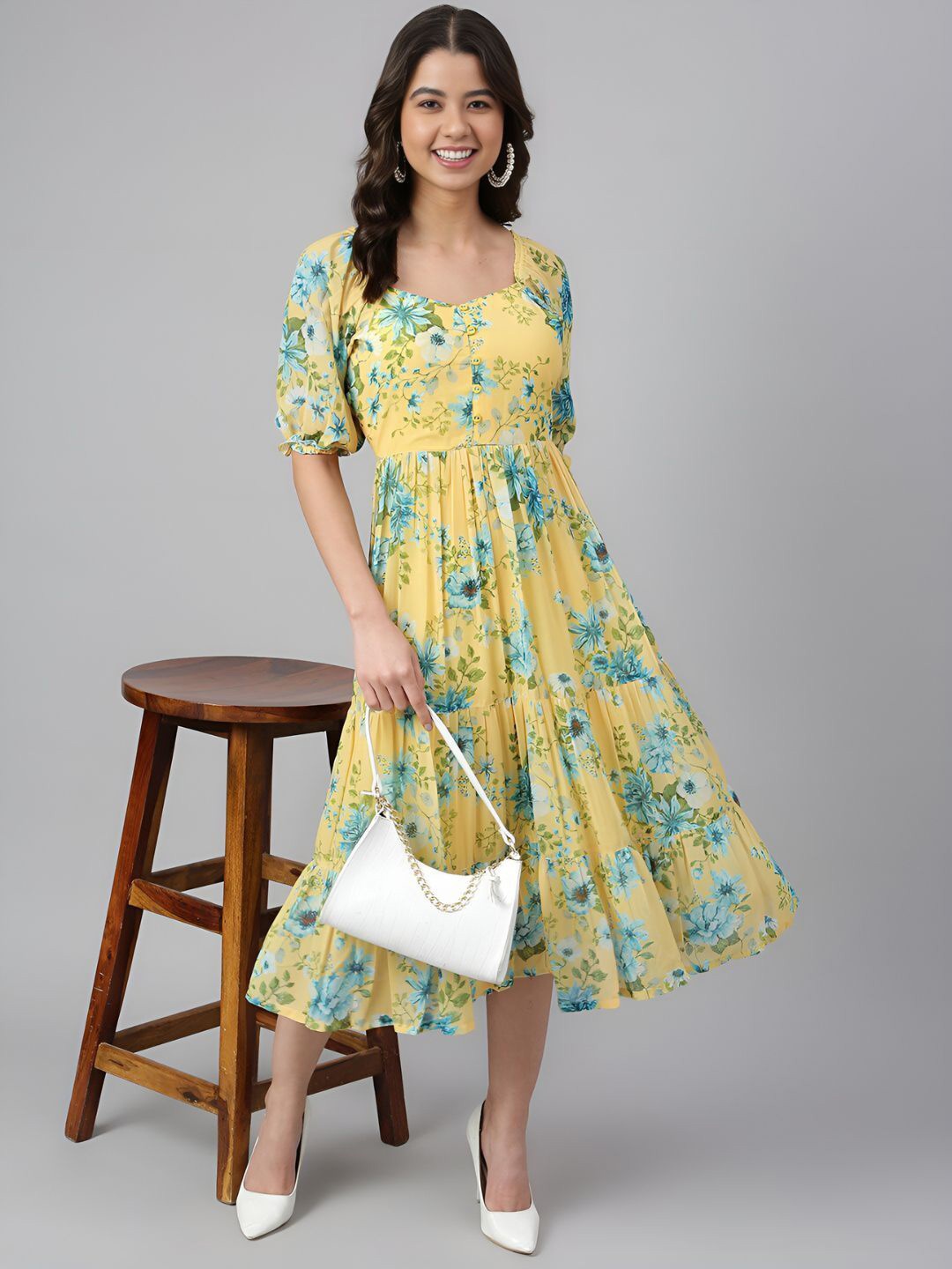 

Shree Infinity Export Women Floral Puff Sleeve Fit & Flare Dress, Yellow