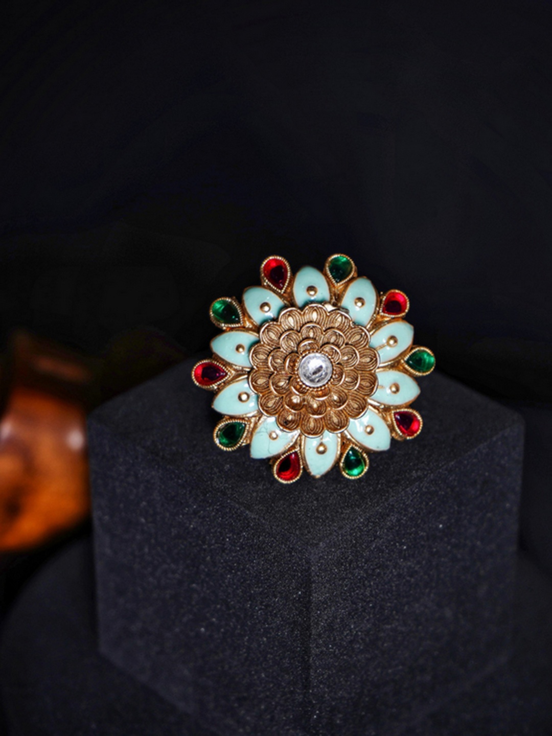 

Chaandi Rivaaz Myra Sunflower Gold-Plated Kundan Studded Finger Ring
