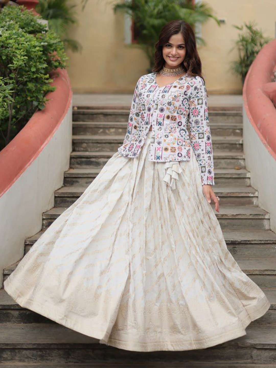 

ZIBLON Ethnic Motifs Embroidered Cotton Ready to Wear Lehenga With Blouse, White