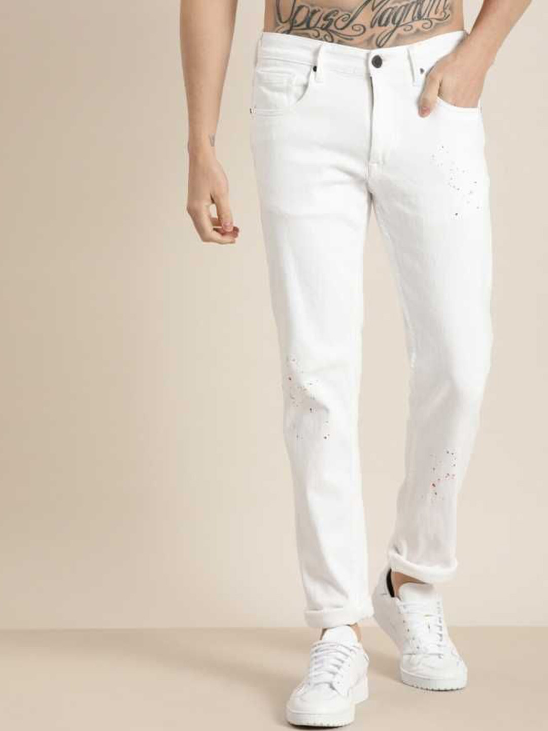 

LINARIA Men Cotton Classic Low-Rise Embroidered Slim Fit Jeans, White