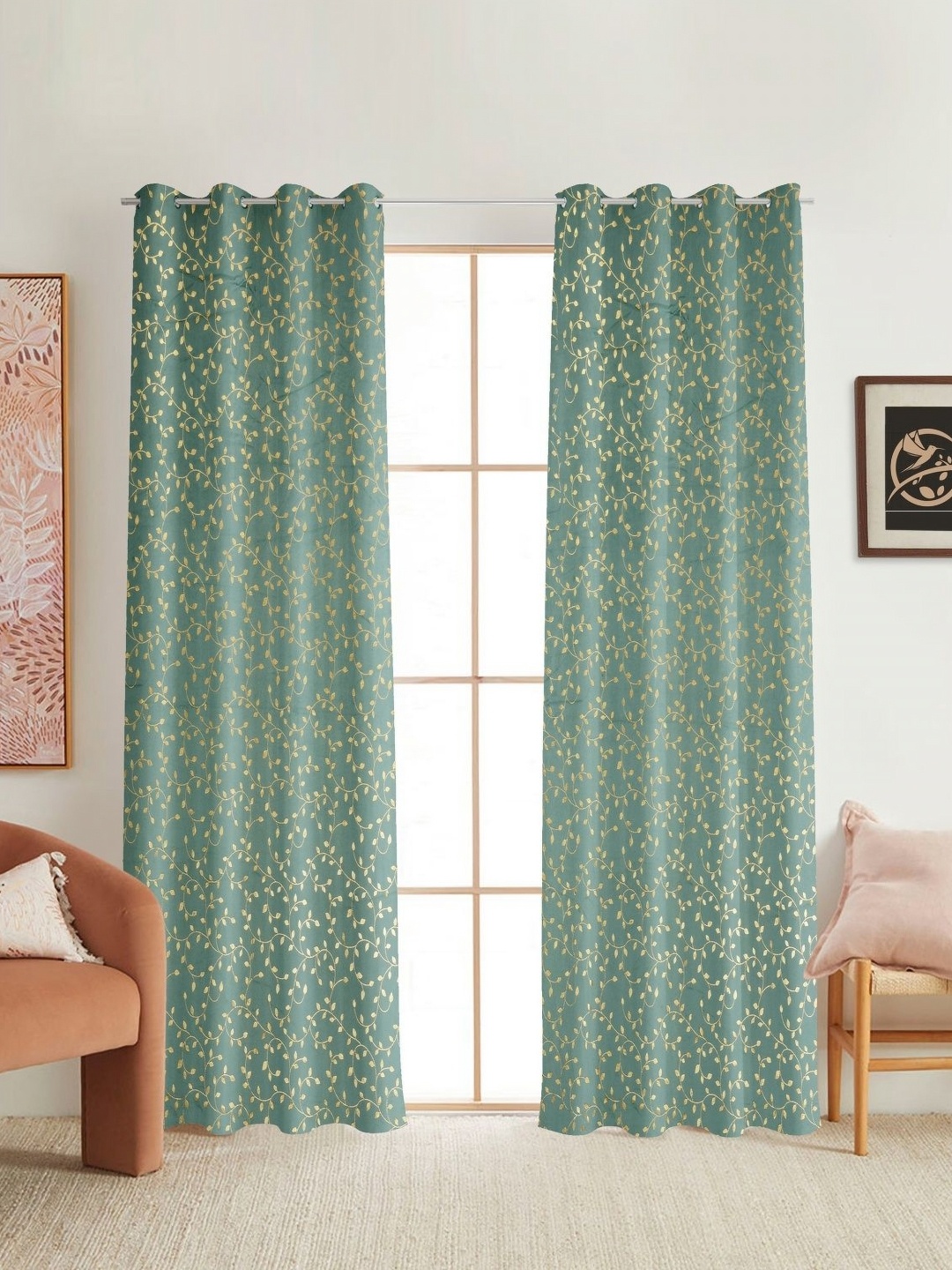 

Galaxy Home Decor Blue & Gold Toned 2 Pieces Floral Printed Room Darkening Door Curtain