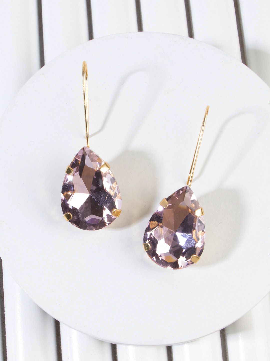 

DressBerry Gold-Plated Artificial Stones Studded Teardrop Shaped Drop Earrings, Pink