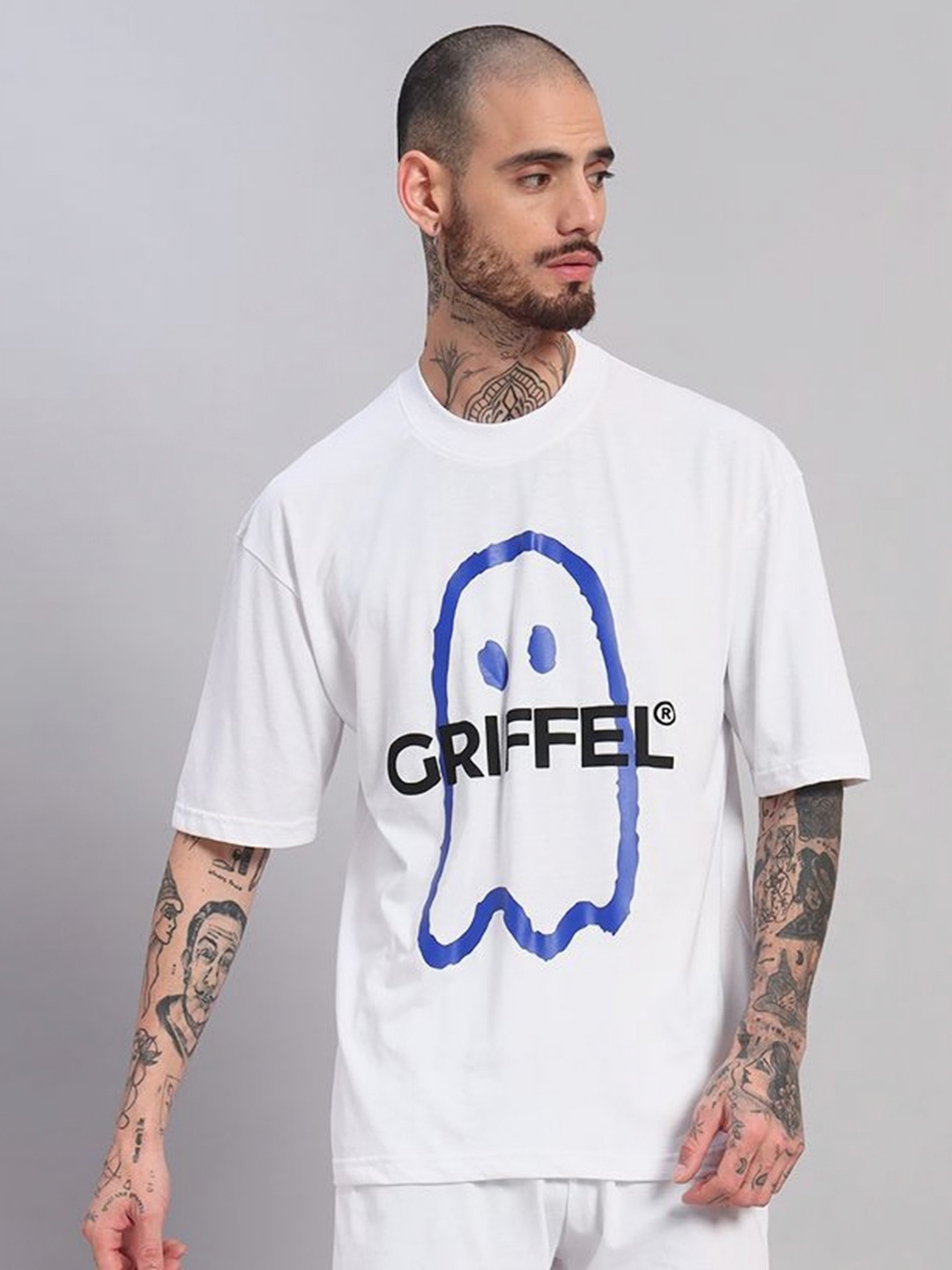 

GRIFFEL Men Printed Drop-Shoulder Sleeves Ultralite T-shirt, White