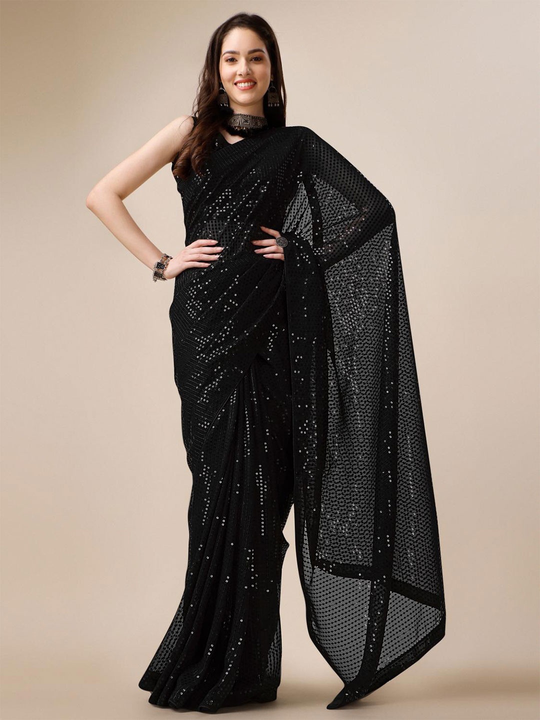 

THE52 Embellished Sequined Pure Georgette Saree, Black