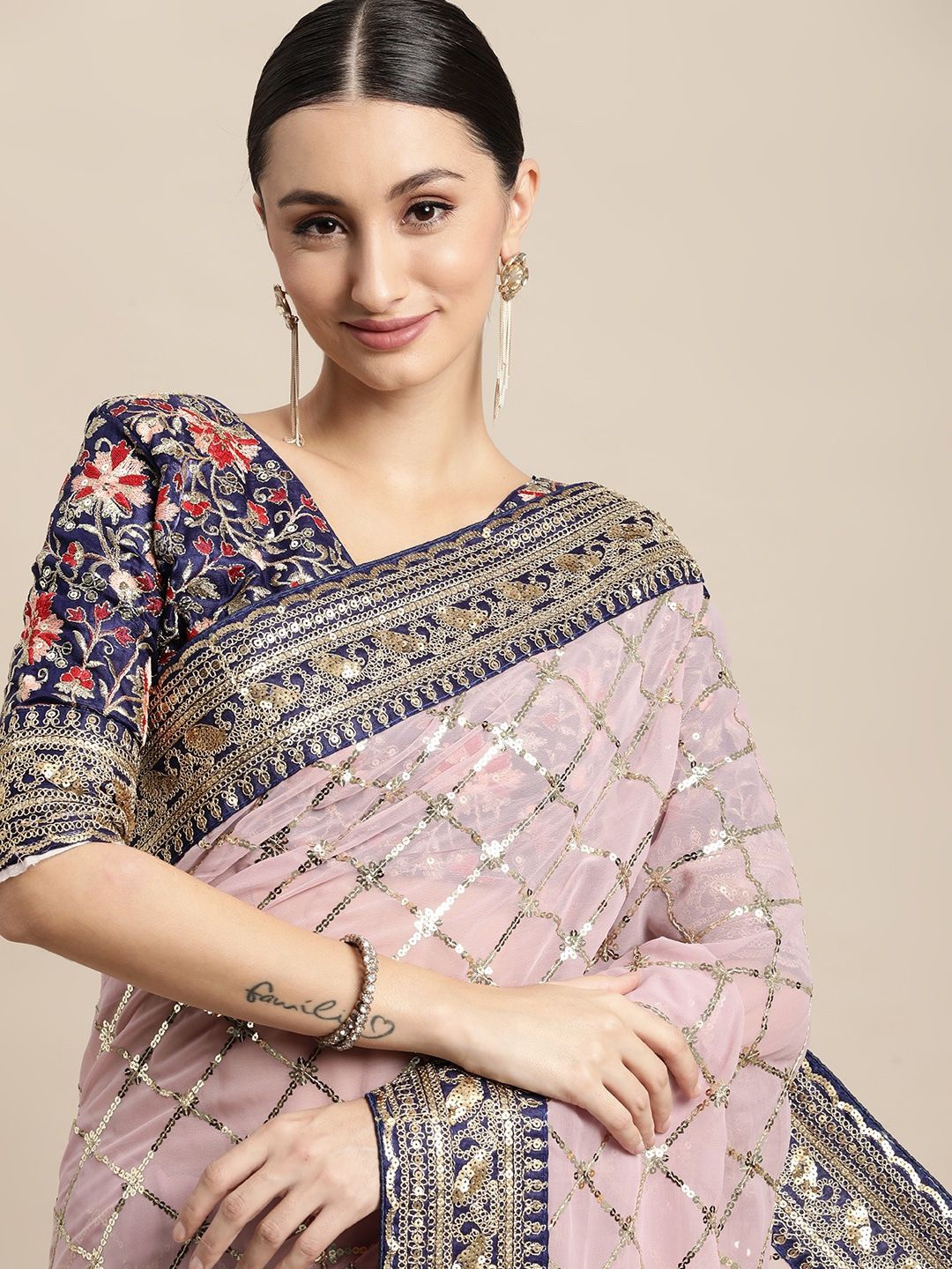 

VIRENDRA TEXTILES Ethnic Motifs Sequinned Pure Georgette Designer Saree, Pink