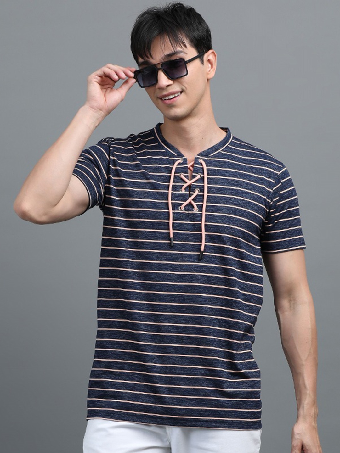 

BLUE ARC Men Striped V-Neck T-shirt, Pink