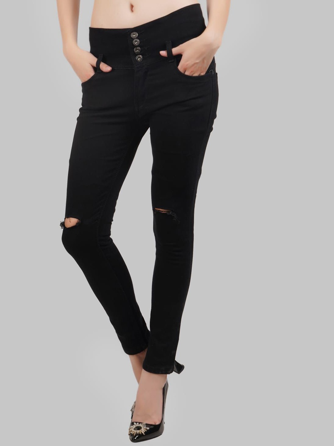 

LINARIA Women Classic Tapered Fit Slash Knee Jeans, Black