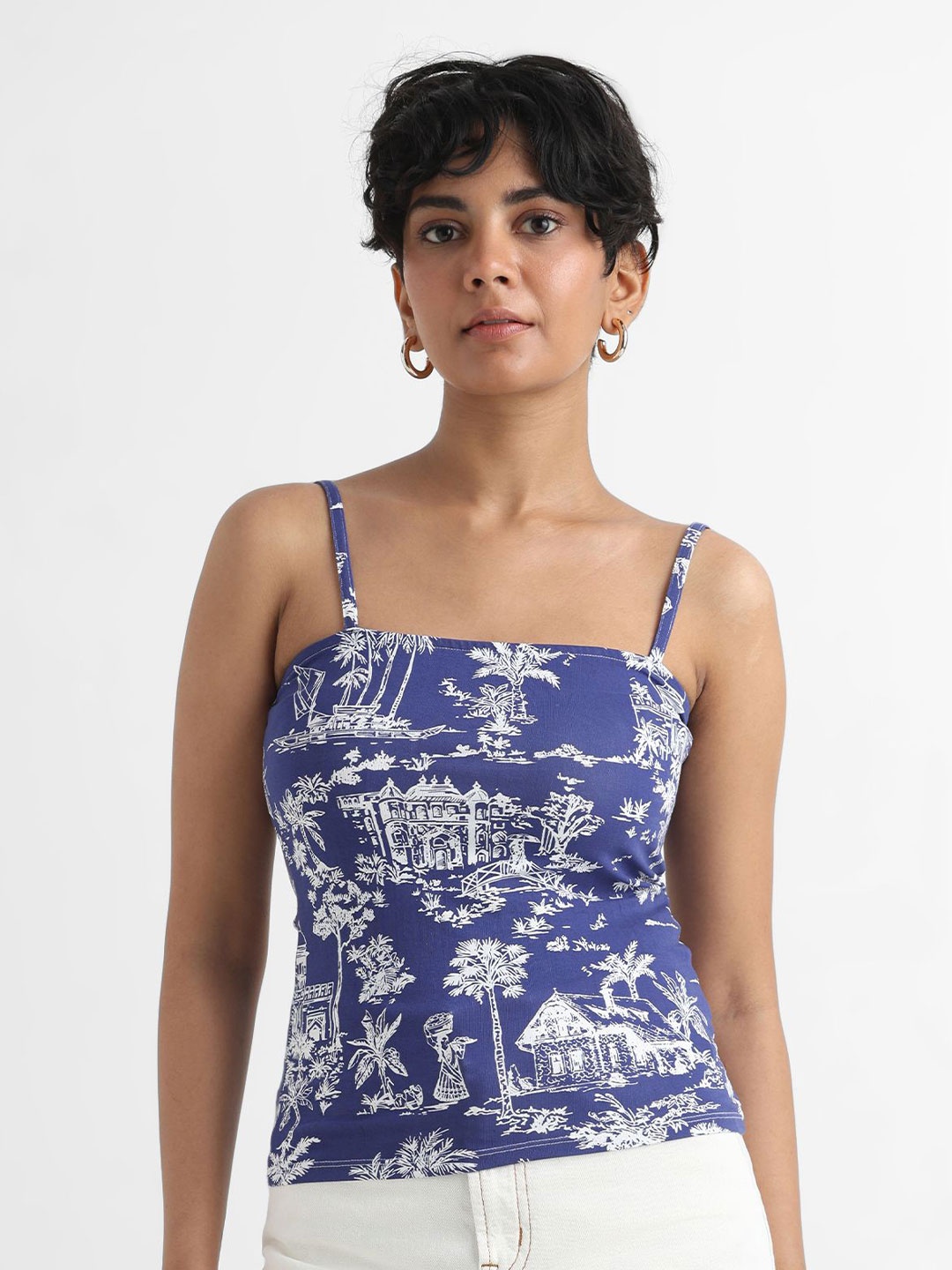 

Yuvkaa Women Tropical Printed Shoulder Straps Crop Fitted Top, Blue