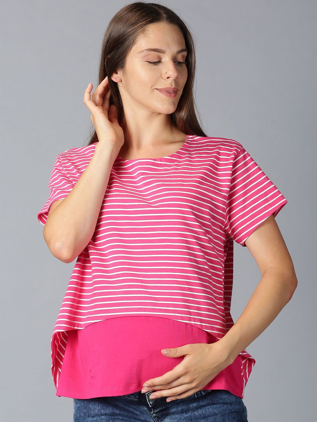 

PURPLE FLAUNT Women Striped Cotton Top, Pink